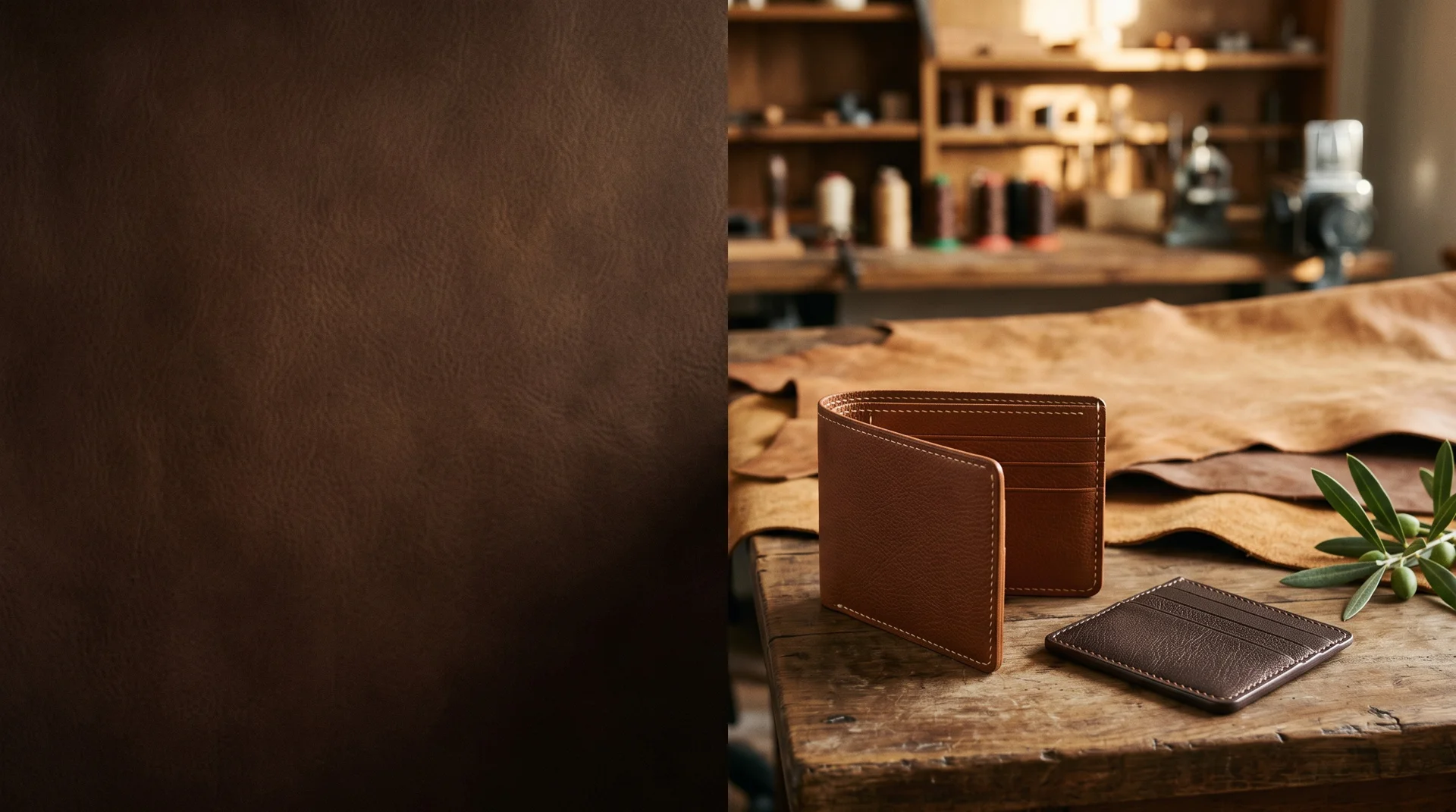 Composición ilustrativa de billeteras de cuero cognac sobre una mesa de madera